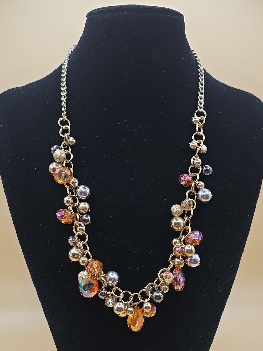 Gold-Tone Beaded Cluster Necklace with Amber & Iridescent Accents